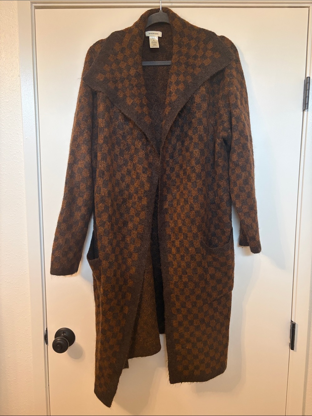 Max Studio Long Line Checkered Cardigan